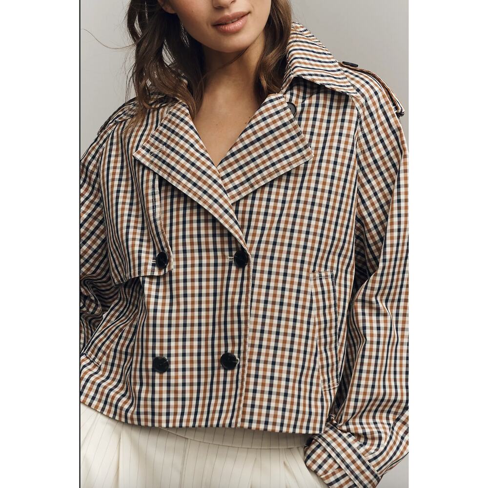 NWT Sold Out Anthropologie Crop Trench Coat Plaid Tartan Fall Rain Coat - Picture 3 of 8